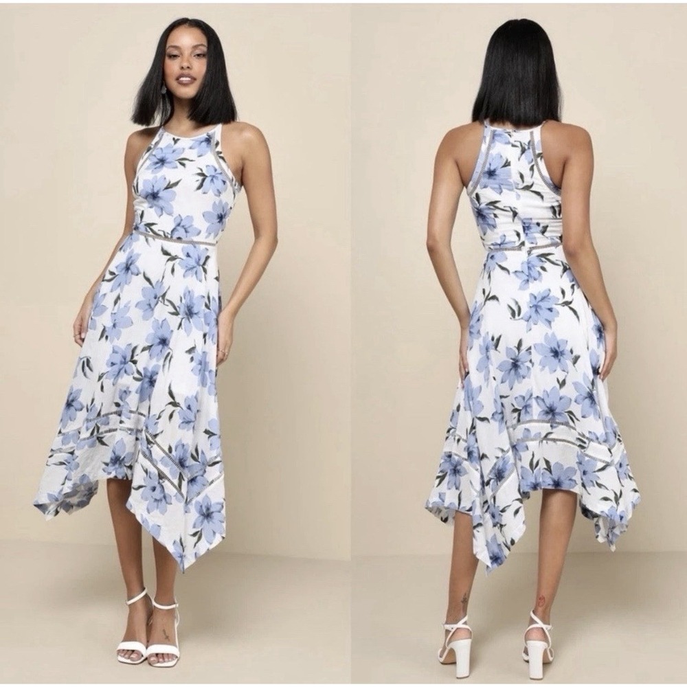Lulus Zahara Floral Print Sleeveless Midi Dress Shark Bite Hem Boho Sz Sm